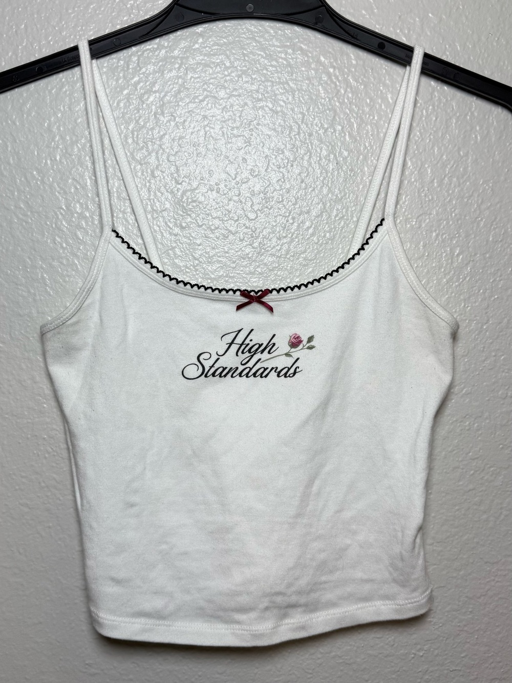 White Camisole with Black Trim and Pink Rose “High Standards” size M by Garage